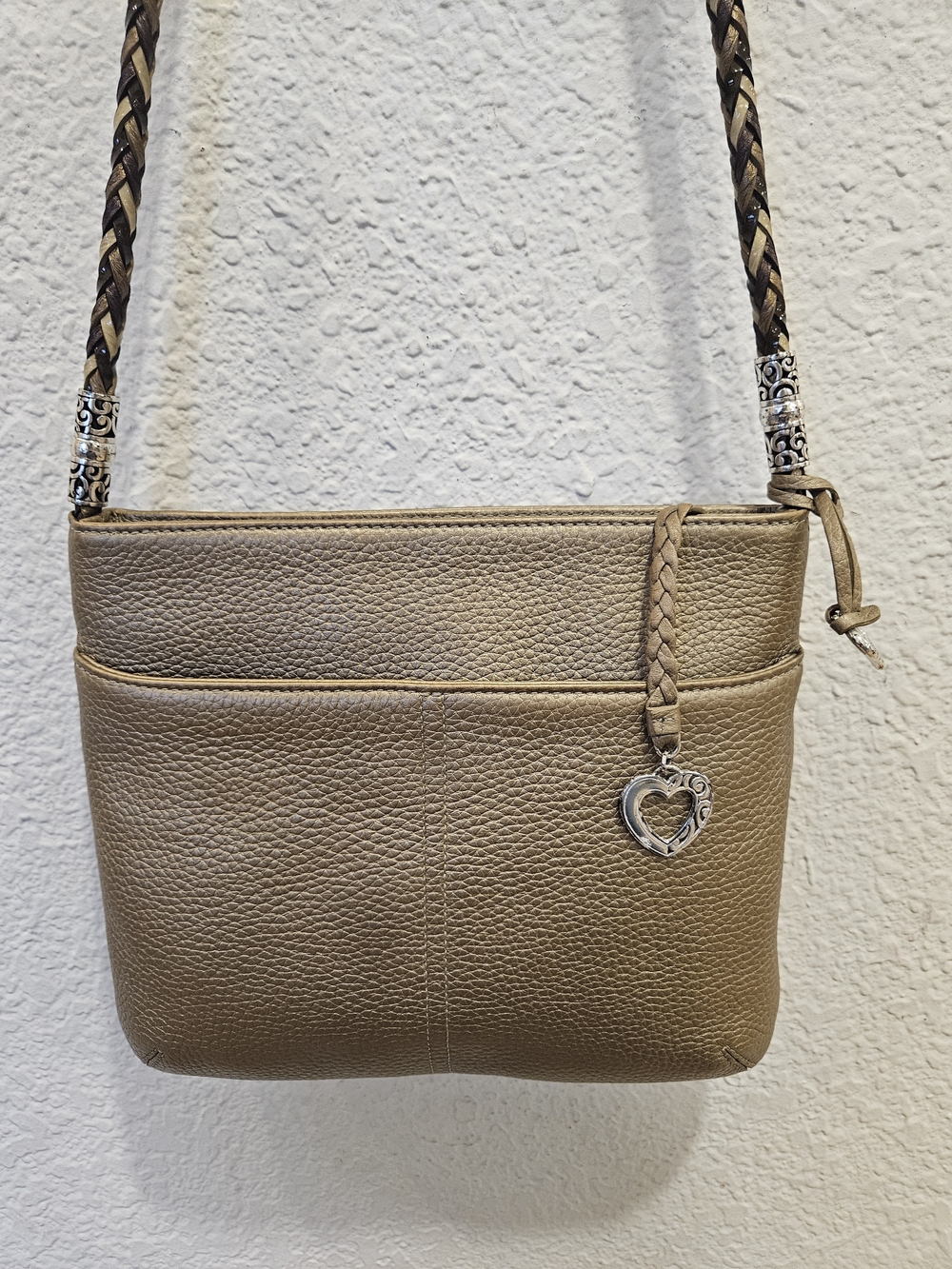 Brighton Vintage Metallic Bronze Gold Leather Crossbody Bag Silver Heart Accent